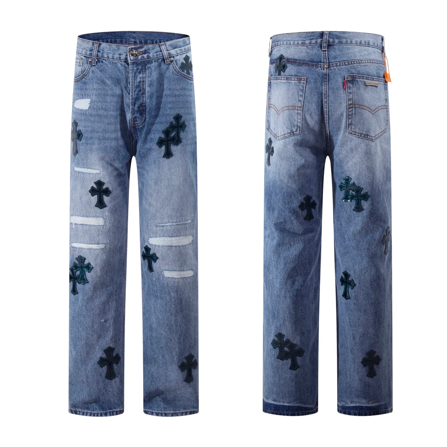 P290 💰 (top version) Croxin & 𝐂𝐡𝐫𝐨𝐦𝐞 𝐇𝐞𝐚𝐫𝐭 ss25 blue pants starry sky ripped button jeans. Styles with different wash textures are very friendly to people with thin legs. The slightly flared version perfectly modifies the leg shape. The timeless and moderate length makes it easy to match and match. It is the basis for various styles and is a must-have in your wardrobe! The fabric is stiff but also makes the upper body soft without losing texture. The washing process is even more perfect. It is a must-have item for everyone! ! ! Washed wheat, hang tag, pants label, complete with three labels Color: blue Size: 28-30-32-34-36 (corresponding to S-M-L-XL-XXL)